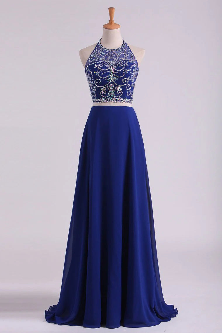 Bateau Two Pieces Party Dresses Dark Royal Blue A Line Beaded Bodice Open Back Floor Length Chiffon & Tulle
